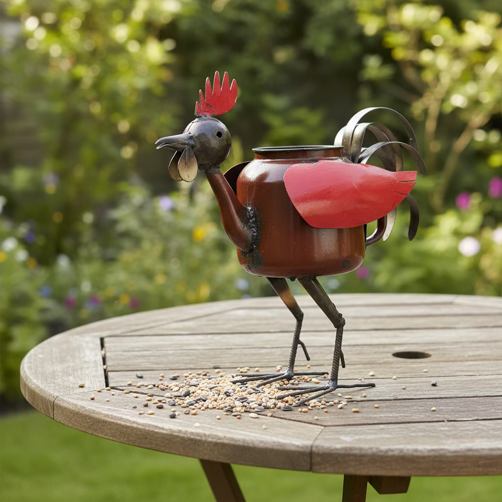 Recycled Metal Rooster Plant Pot Holder
