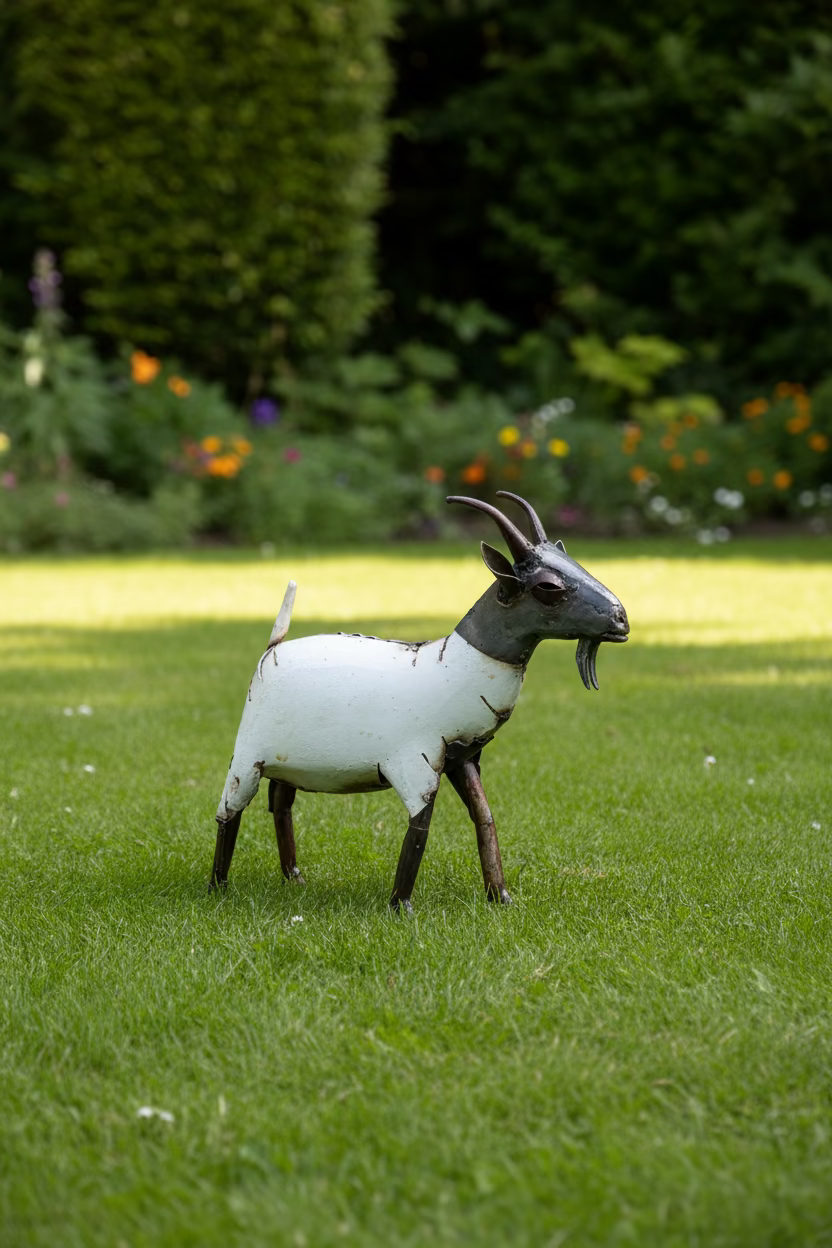Small goat figurine on a wooden floor