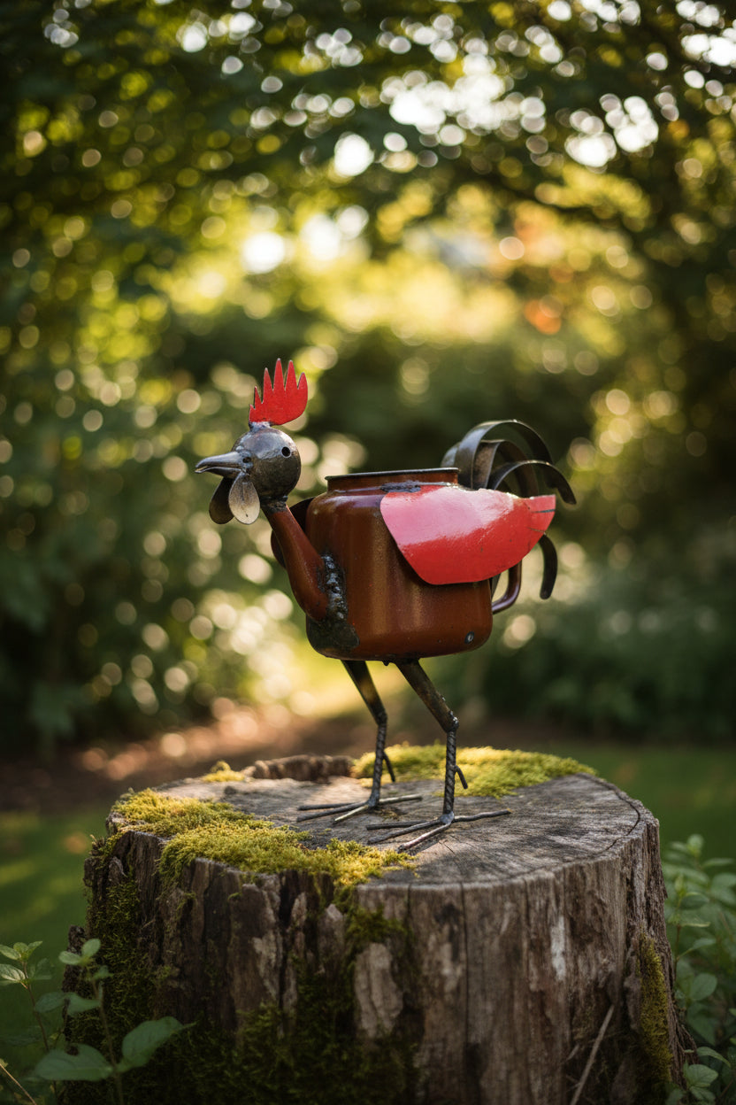 Recycled Metal Rooster Plant Pot Holder